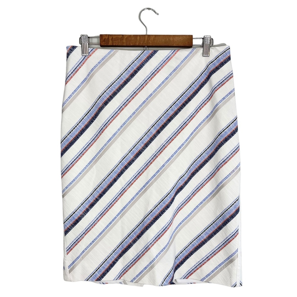 White House Black Market Pencil Skirt White Diagonal Stripe Studded, Size 8